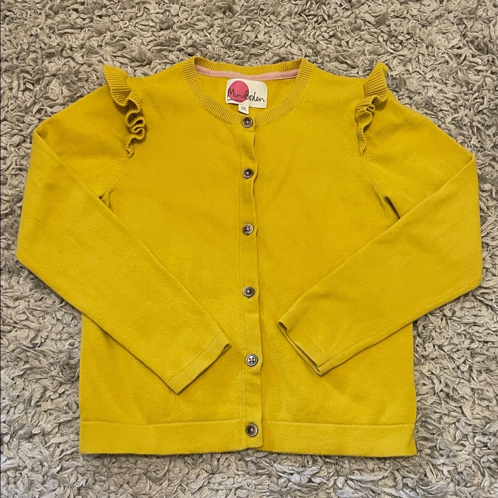 Mini Boden Mustard Yellow Ruffle Sleeve Cardigan, Size 7-8